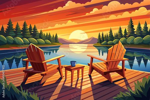 vector of Two wooden chairs on a wood pier overlooking a lake at sunset