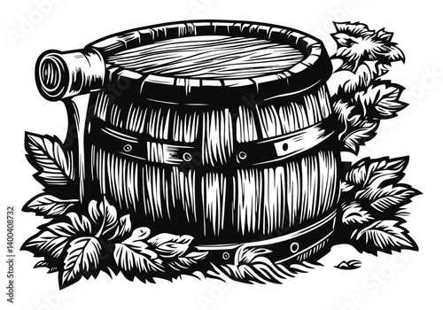 Detailed Woodcut Illustration of a Rustic Barrel Surrounded by Leaves