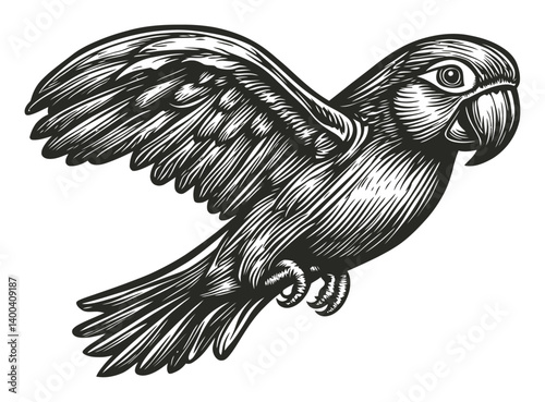 Detailed Woodcut Illustration of a Flying Parrot with Spread Wings