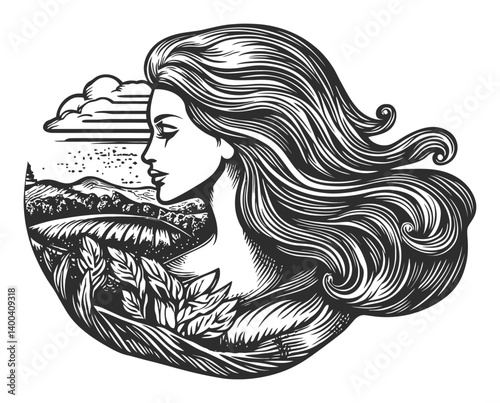 Elegant Woodcut Illustration of a Woman with Flowing Hair and Landscape