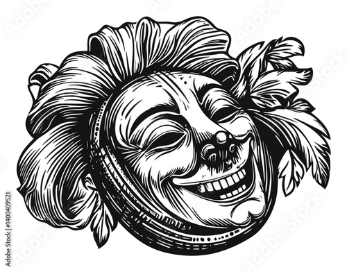 Detailed Woodcut Illustration of a Smiling Decorative Mask Design