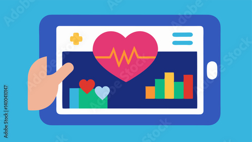 Touchscreen Interface A rectangular device with a large colorful touchscreen that showcases realtime health metrics including a heart symbol pulse and graphical trends positioned
