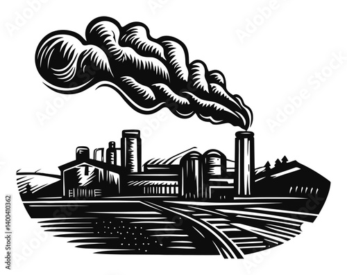 Black and White Woodcut Style Factory with Smoke and Landscape