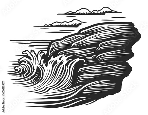 Detailed Woodcut Illustration of Waves Crashing Against a Rocky Coast