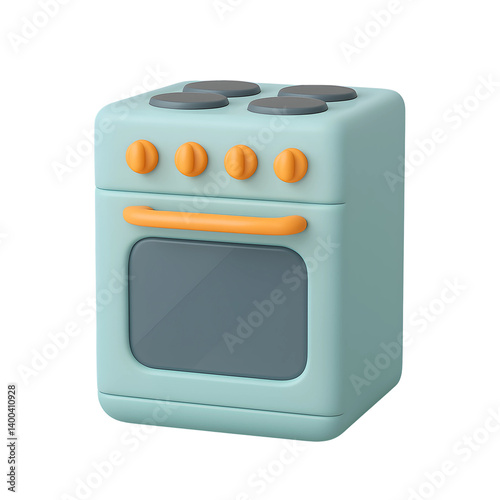 3D electric oven icon with stovetop and knobs in pastel colors on transparent PNG for kitchen or cooking visuals.
