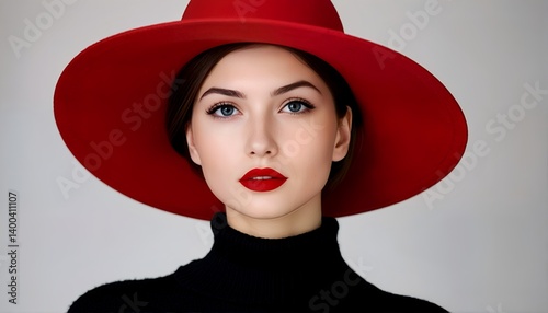 a striking woman with vibrant red lipstick and a large matching hat gazes directly at the viewer against a neutral gray background.