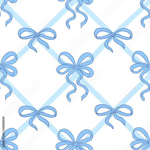 Coquette seamless pattern Blue Ribbon Bow. Pretty Girly bows on white background with blue cross ribbons. Trendy feminine romantic art for greeting cards, textile, fabric, wallpaper, wrapping. Vector 