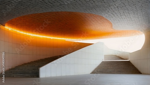 a strikingly modern staircase ascends within a softly lit, cavernous space defined by intersecting arches and warm terracotta tones. photo