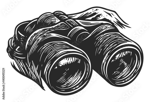 Vintage Woodcut Style Binoculars Illustration for Nature Exploration