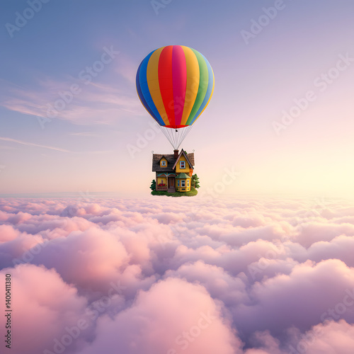 Floating Balloon Carrying a House Like in a Dream