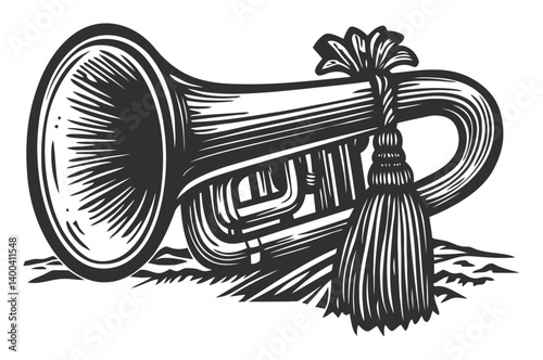 Vintage Woodcut Illustration of a Musical Brass Instrument