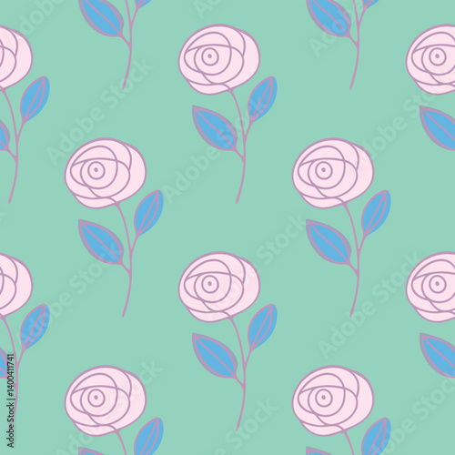 A green background with pink and blue flowers