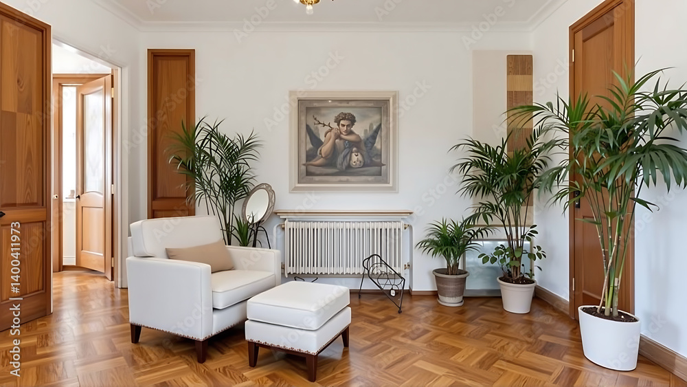 Fototapeta premium An airy and bright living room embraces a modern aesthetic with touches of warmth. A comfortable armchair, crafted with clean lines, invites relaxation next to a subtly designed coffee table