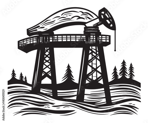 Woodcut Style Oil Pump Jack with Trees and Waves in Monochrome