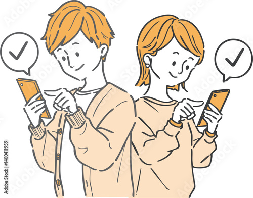 スマホを操作する男女　上半身　ベクター