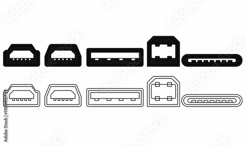 Set of USB port icons: Type A, Type B, Type C, Micro USB, and Mini USB. Perfect for tech UI, devices, electronics, and digital connection illustrations