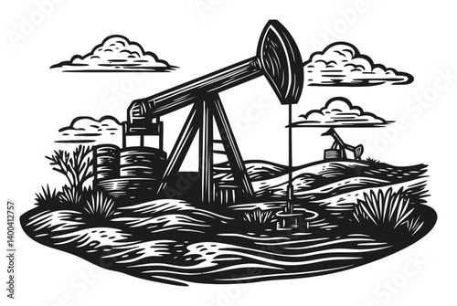 Vintage Woodcut of Oil Pump Jack with Dramatic Clouds and Landscape