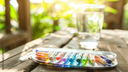 Colorful capsules in a pill organizer on a wooden table with a glass of water, representing daily medication routine for chronic illness management and health care.