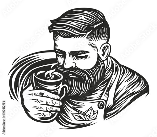 Rustic Woodcut Style Man Enjoying Warm Beverage with Beard
