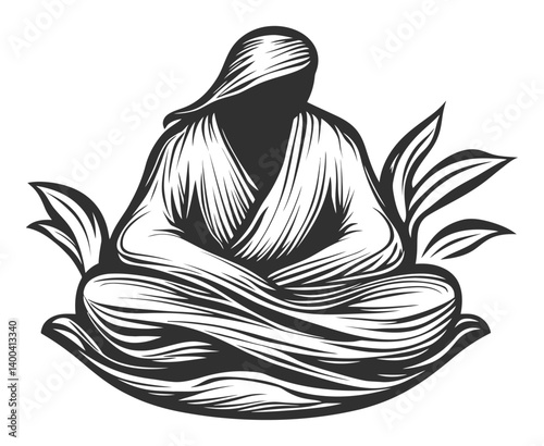 Serene Contemplation in Woodcut Style: Meditation and Nature
