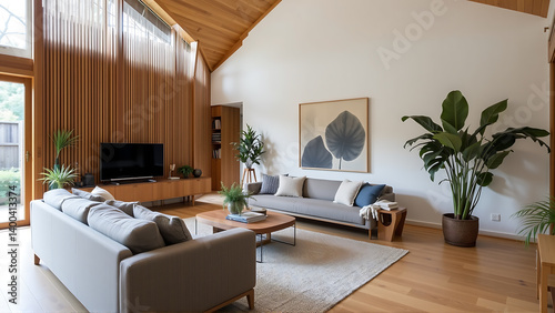 A spacious living room decorated in a way to stimulate creativity. The wooden elements combined with nature help to create a serene area.