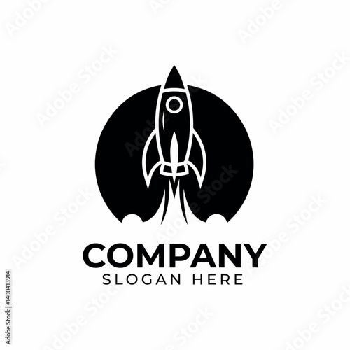 A logo black and white illustration of a rocket ship launching into space, ideal for space-themed projects and brands