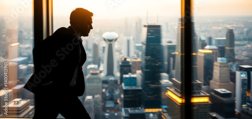 Businessman in Suit Hurries Through Modern Office Corridor Cityscape View