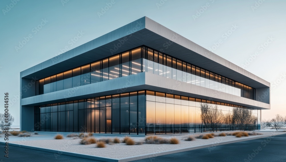 Modern, minimalist office building with expansive glass facade. A contemporary structure, featuring sleek lines and large windows, designed for a modern workplace Modern, minimalist office building with expansive glass facade. A contemporary structure, featuring sleek lines and large windows, designed for a modern workplace