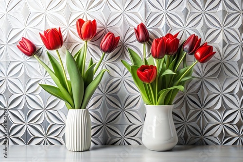 Wallpaper Mural Red tulips in white ceramic vases against floral geometric background perfect for mothers day decoration Torontodigital.ca