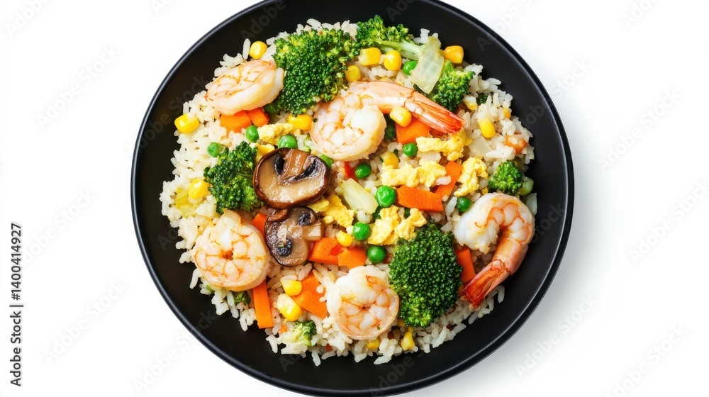 A plate of shrimp fried rice featuring shrimp, rice, broccoli, peas, carrots, and corn, presented on a black plate. A plate of shrimp fried rice featuring shrimp, rice, broccoli, peas, carrots, and corn, presented on a black plate.