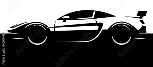 Stylish Black and White Silhouette of a Sports Car with Aerodynamic Design and Large Wheels.