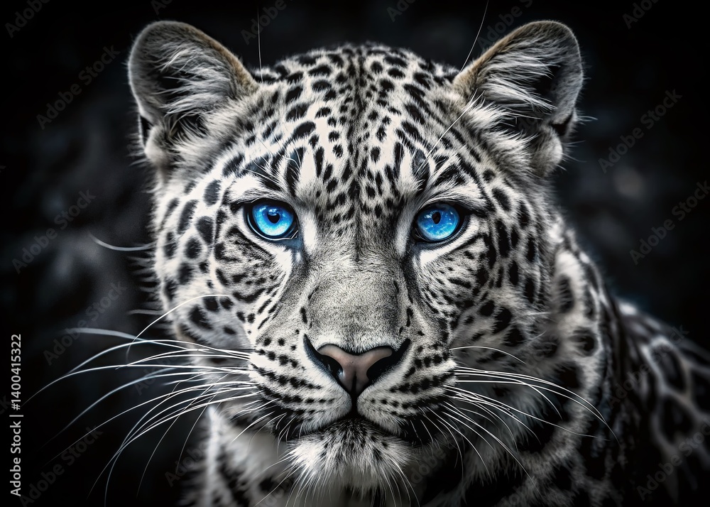 Fototapeta premium Majestic Black and White Leopard with Striking Blue Eyes - AI Generated Stock Photo