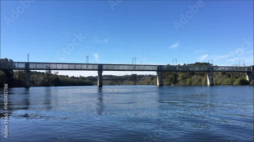 Metal road-rail international bridge over the Minho River that borders Spain in northern Portugal, Europe, Spain, Tui, Valena