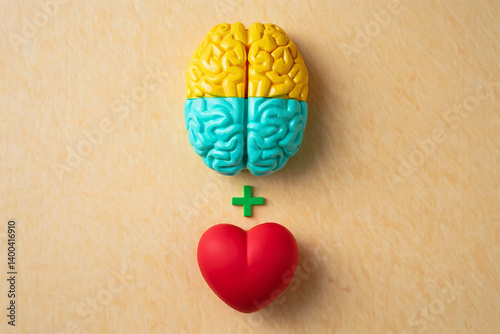 Emotional Intelligence Concept: Brain Model plus Heart Symbol Equation Top View