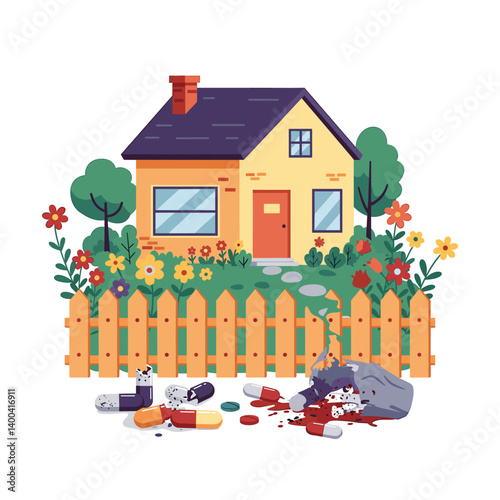 Pills by the House: A symbolic illustration of a house with a fence is juxtaposed with spilled pills and other medicinal substance, representing a sense of unease. 