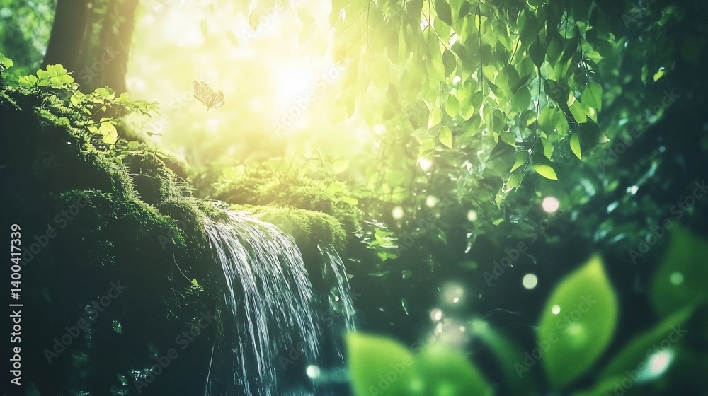 Obraz premium Enchanted Waterfall in Lush Forest: A Serene Escape into Nature's Embrace