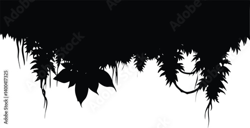 Jungle Canopy Silhouette with Hanging Vines and Leaves on Transparent Background