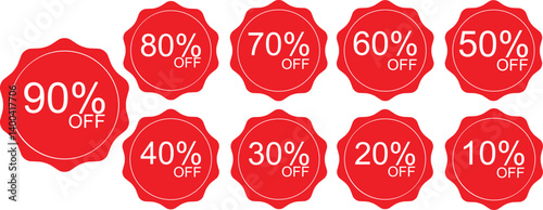 Sale off tag Discount , 10, 20, 30, 40, 50, 60, 70, 80, 90 percent. Set label symbols offer emblem, badge price discount number. Flat offer stamp, sticker clearance with present sale. Vector illustrat