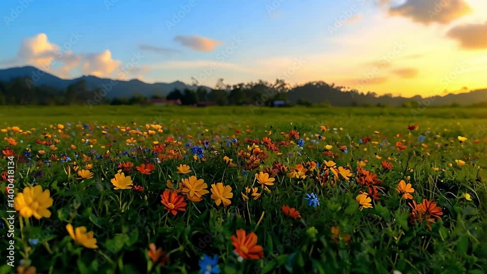 Vibrant Flower Field Under Bright Blue Sky with Mountains in Background Vibrant Flower Field Under Bright Blue Sky with Mountains in Background