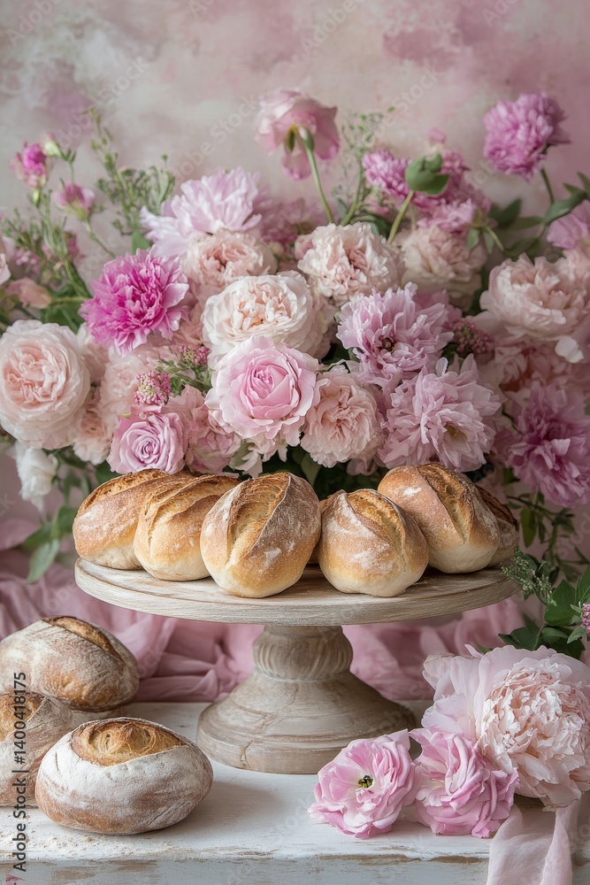 Rustic bread with crispy crusts and warm centers, accented by fresh flowers in a bright, cozy kitchen, epitomizes the essence of baking Rustic bread with crispy crusts and warm centers, accented by fresh flowers in a bright, cozy kitchen, epitomizes the essence of baking