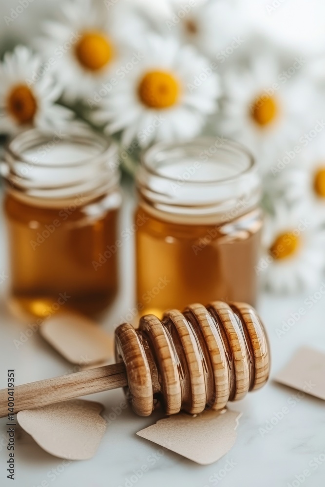 A quaint kitchen display, featuring jars of honey and milk alongside a stunning daisy bouquet, exudes warmth and invites a welcoming atmosphere for every meal A quaint kitchen display, featuring jars of honey and milk alongside a stunning daisy bouquet, exudes warmth and invites a welcoming atmosphere for every meal