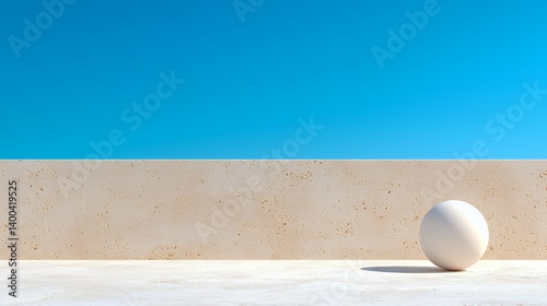 White sphere on beige stone floor against blue sky