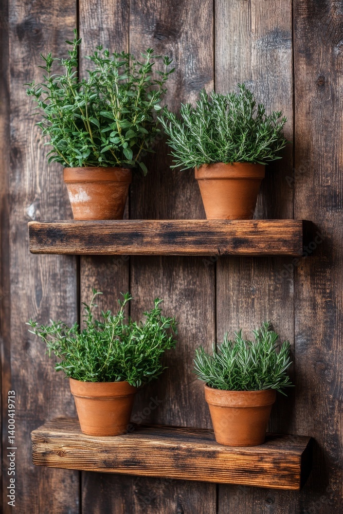 In stylish pots, lush herbs grow abundantly, neatly organized on wooden shelves. This indoor garden highlights an assortment of green plants, fostering a revitalizing atmosphere in a contemporary In stylish pots, lush herbs grow abundantly, neatly organized on wooden shelves. This indoor garden highlights an assortment of green plants, fostering a revitalizing atmosphere in a contemporary
