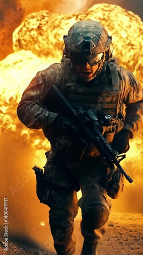 Soldier runs through explosion during military training exercise in a remote area at dusk