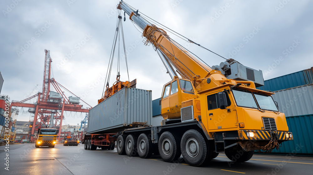 Industrial Crane Loading Container onto Truck at Port Industrial Crane Loading Container onto Truck at Port