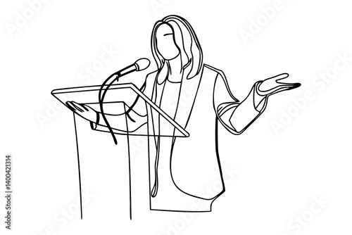 one line drawing of speech presentation by woman with glass event speaker, vector illustration 
