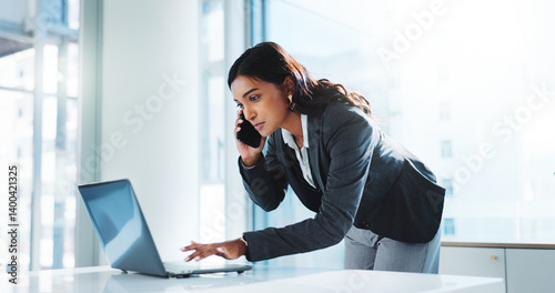 Canvastavla Phone call, typing and laptop with business woman in office for stock broker, negotiate funds and client contact