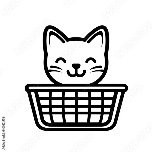 Happy cat face in basket icon with outline style for pet adoption, animal shelter, or cute feline-themed design projects