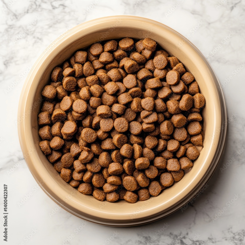 Fototapeta premium Dog food kibble in a bowl. A full bowl of small, light brown, dog food kibble. Healthy, nutritious, and convenient