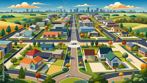 Panoramic aerial view of Point Cook, a suburban Melbourne, Australia neighborhood, featuring a tree-lined street with modern residential houses, and well-planned